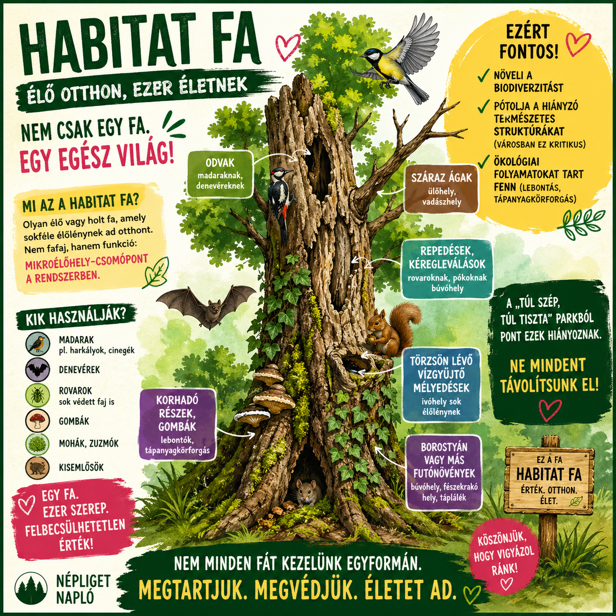 Habitat fa jelentése: odvak, rovarélőhelyek, korhadó részek és biodiverzitás egy városi parkban